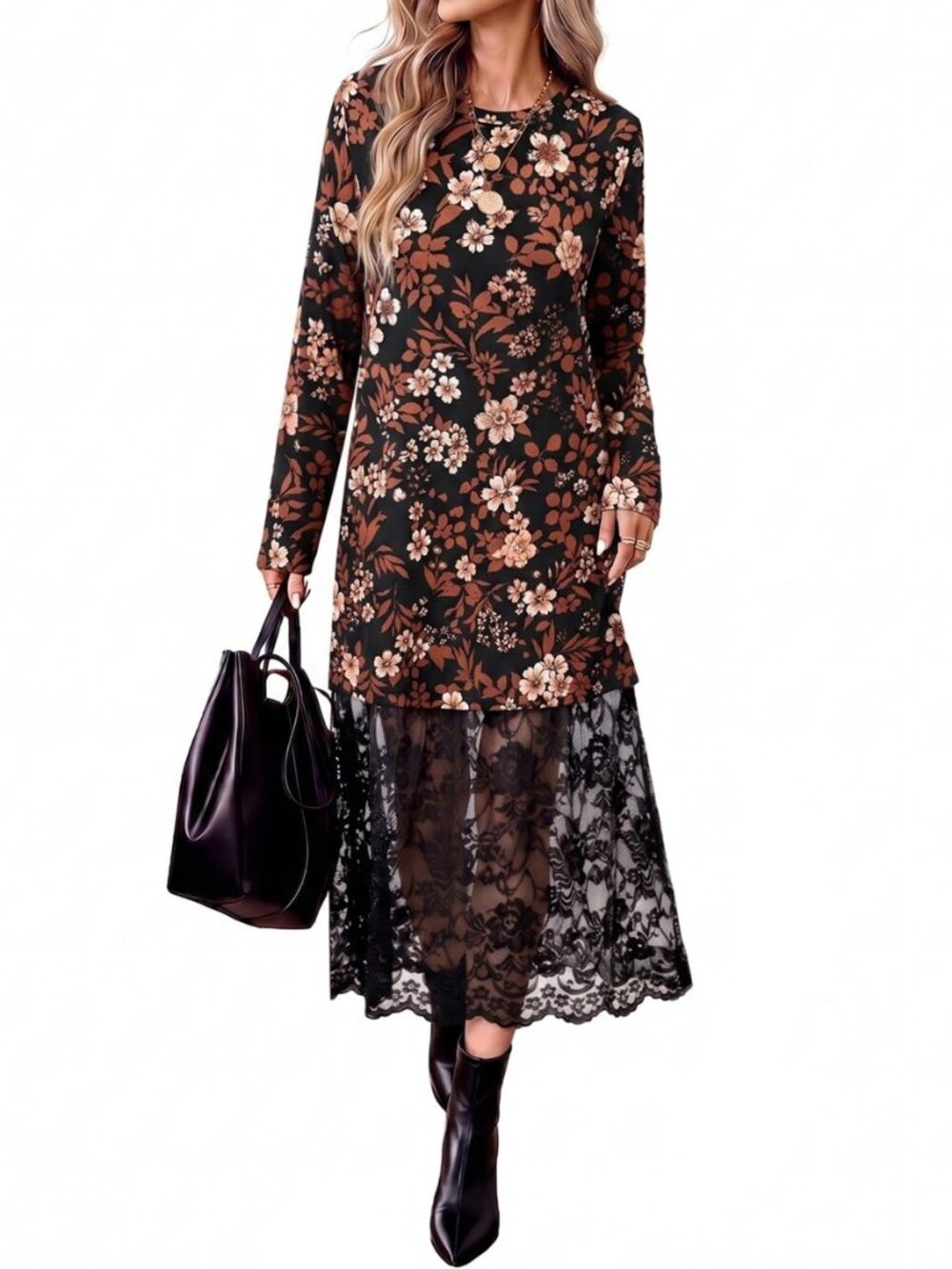 Long Sleeve Fall Dresses Midi Lace Patchwork Dress Fall Wedding Guest Dress